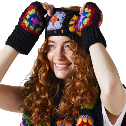 Black Crochet Rainbow Hand Warmers Fashion Namaste Fair trade