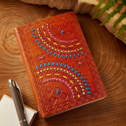 Embroidered & Embossed Leather Notebook Stationery Namaste Fair trade