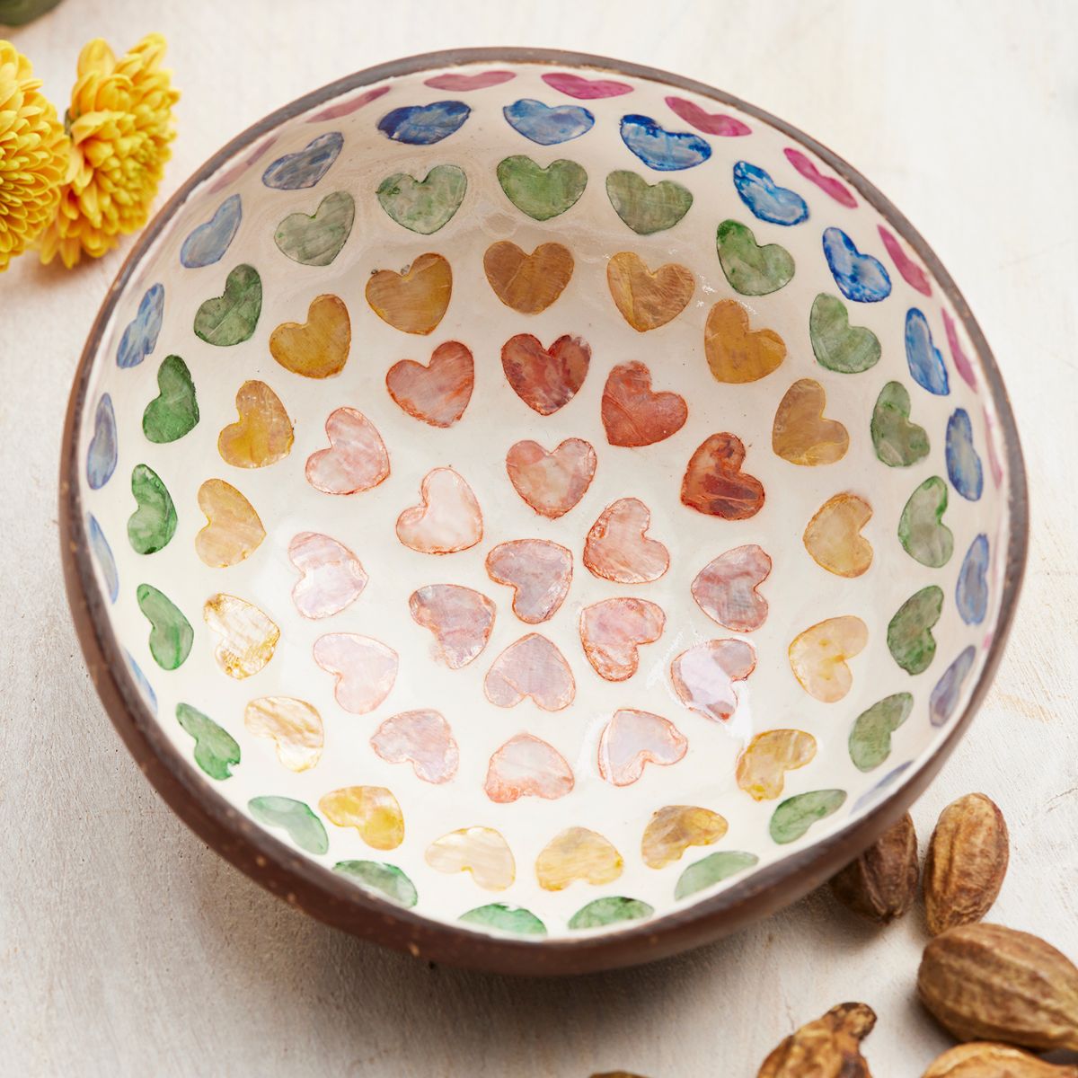 Coconut Bowl, Shell Rainbow Heart Servingware Namaste Fair trade