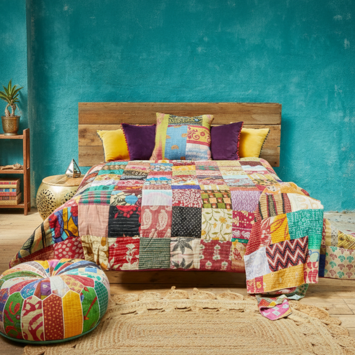 Vintage kantha stitch quilted bedcover/throw Cushions & Throws Namaste Fair trade