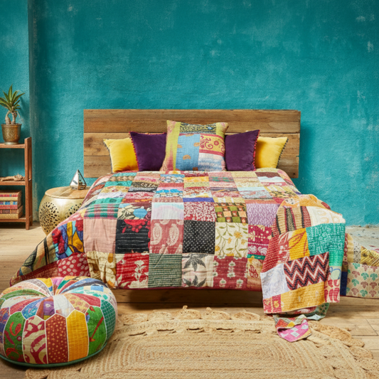 Vintage kantha stitch quilted bedcover/throw Cushions & Throws Namaste Fair trade